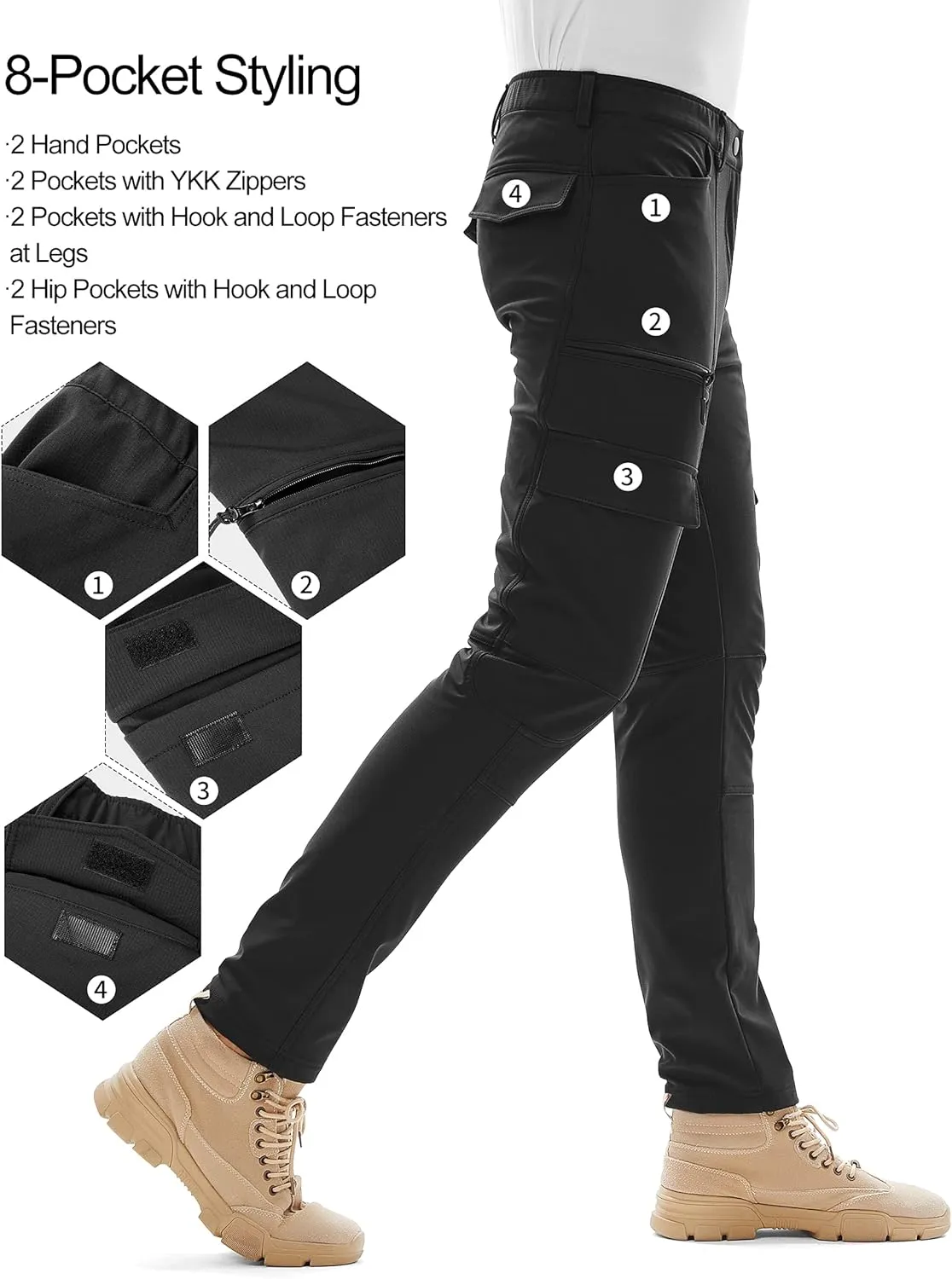 KUTOOK Thermal Fleece Lined Softshell Cargo Hiking Pants Water Resistant Snow Ski Pants with Zipper Pockets for Men