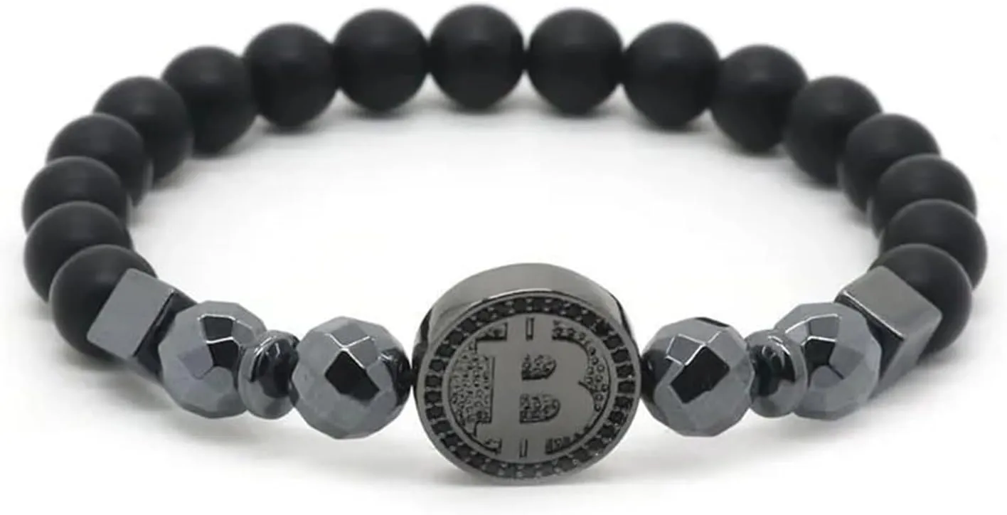 Men Black Hematite Matte Stone Beaded Gold Plated Bitcoin Bracelet Blockchain Cryptocurrency Pendant Charm Bracelet Gold Money Luck Sign Collect Souvenir Gift Rock Punk