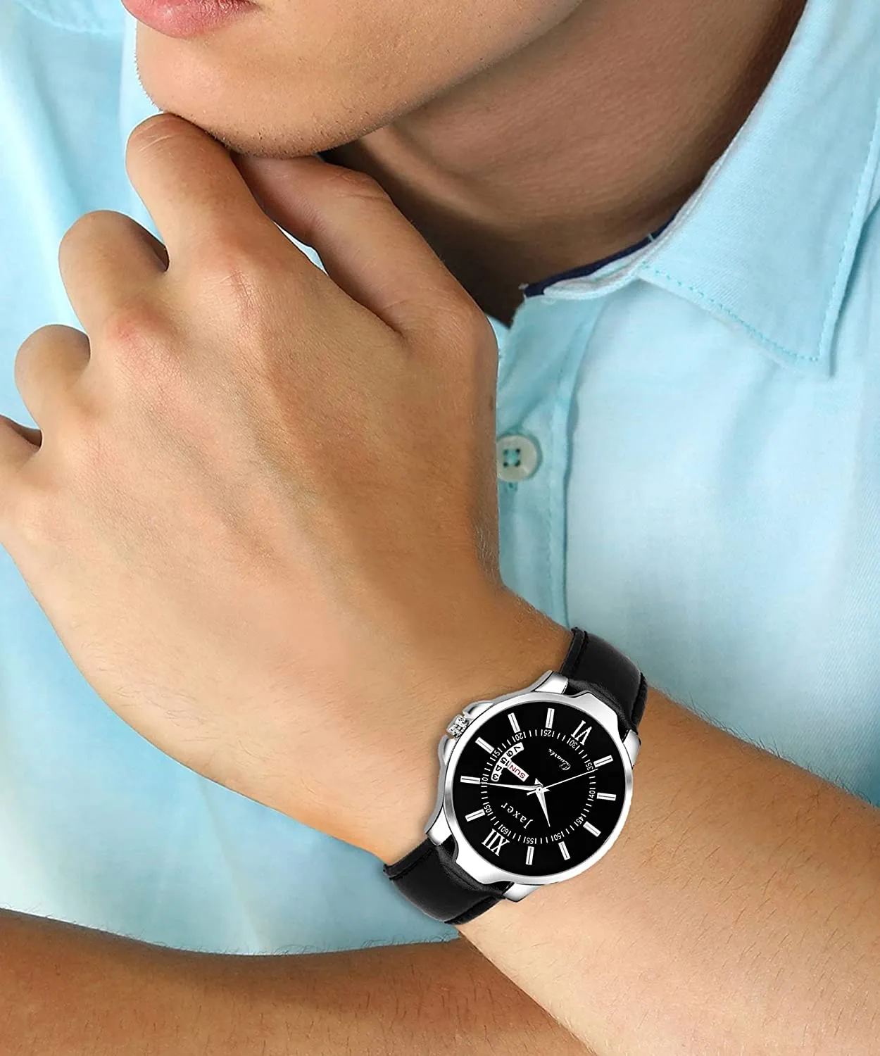 Men's Analog Watch with Black Day & Date Feature Dial and Leather Strap - JXRM2119