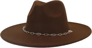 Men's Vintage Panama Jazz Cap with Chain Decor Classic Wide Brim Fedora Hats for Women Men