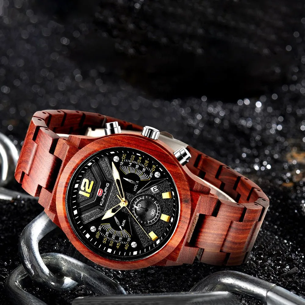 Mens Wooden Sports Quartz Movement Chronograph Watch