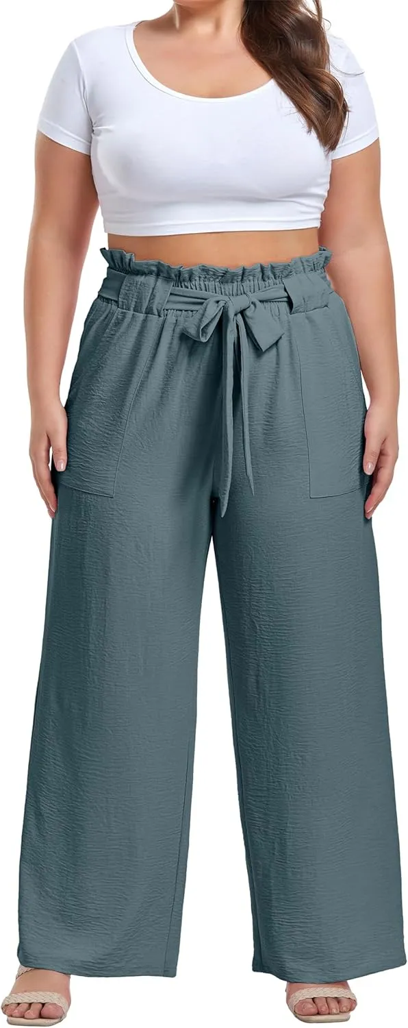 OLRIK Women's Plus Size Pants Summer High Waisted Wide Leg Casual Trousers with Pockets Self-Tie Belt (1X-5X)