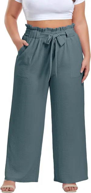 OLRIK Women's Plus Size Pants Summer High Waisted Wide Leg Casual Trousers with Pockets Self-Tie Belt (1X-5X)