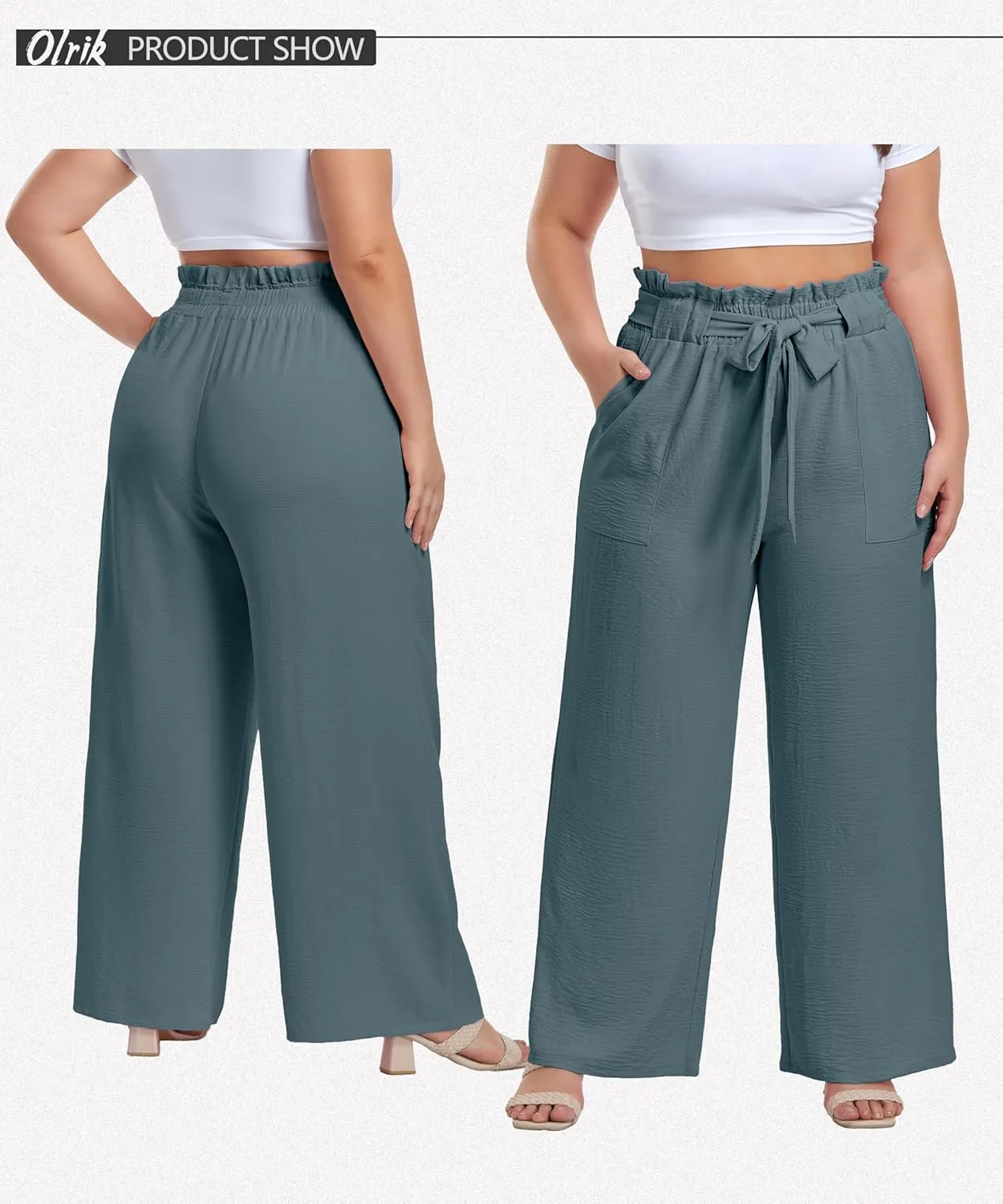 OLRIK Women's Plus Size Pants Summer High Waisted Wide Leg Casual Trousers with Pockets Self-Tie Belt (1X-5X)
