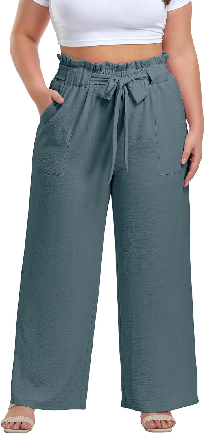 OLRIK Women's Plus Size Pants Summer High Waisted Wide Leg Casual Trousers with Pockets Self-Tie Belt (1X-5X)