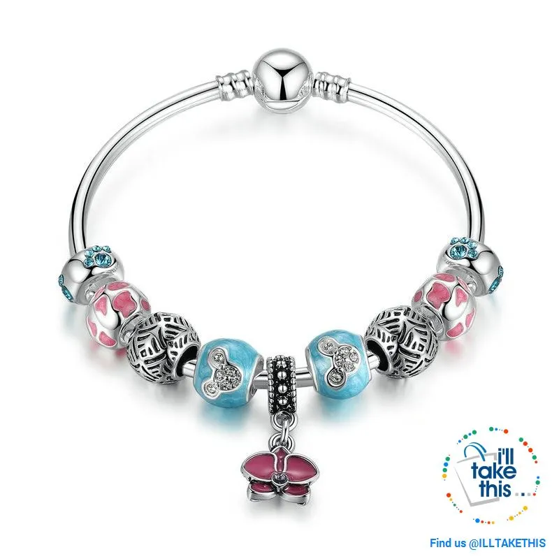 Orchid Blessing Charms Bangle Silver Platting Bracelets in 2 Wrist sizes