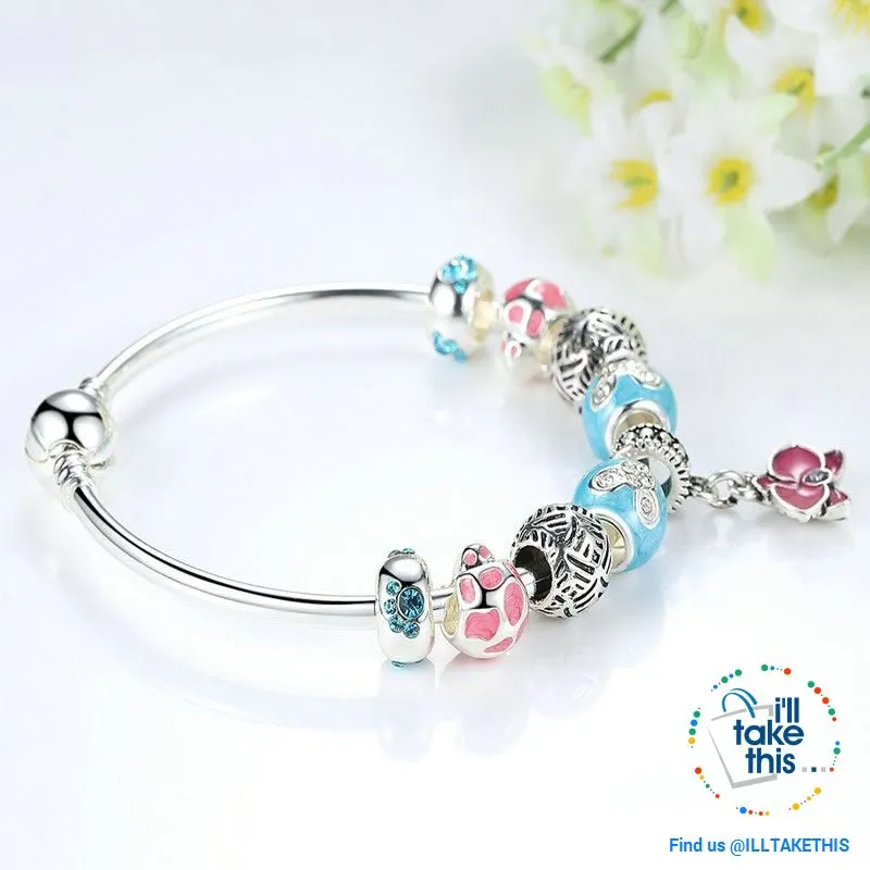 Orchid Blessing Charms Bangle Silver Platting Bracelets in 2 Wrist sizes