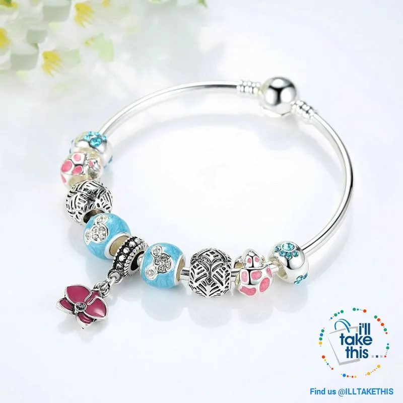 Orchid Blessing Charms Bangle Silver Platting Bracelets in 2 Wrist sizes