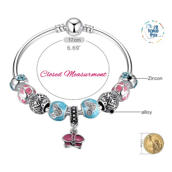Orchid Blessing Charms Bangle Silver Platting Bracelets in 2 Wrist sizes
