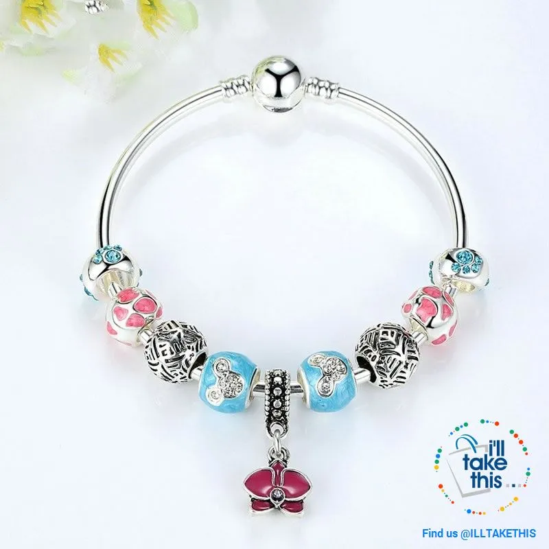 Orchid Blessing Charms Bangle Silver Platting Bracelets in 2 Wrist sizes
