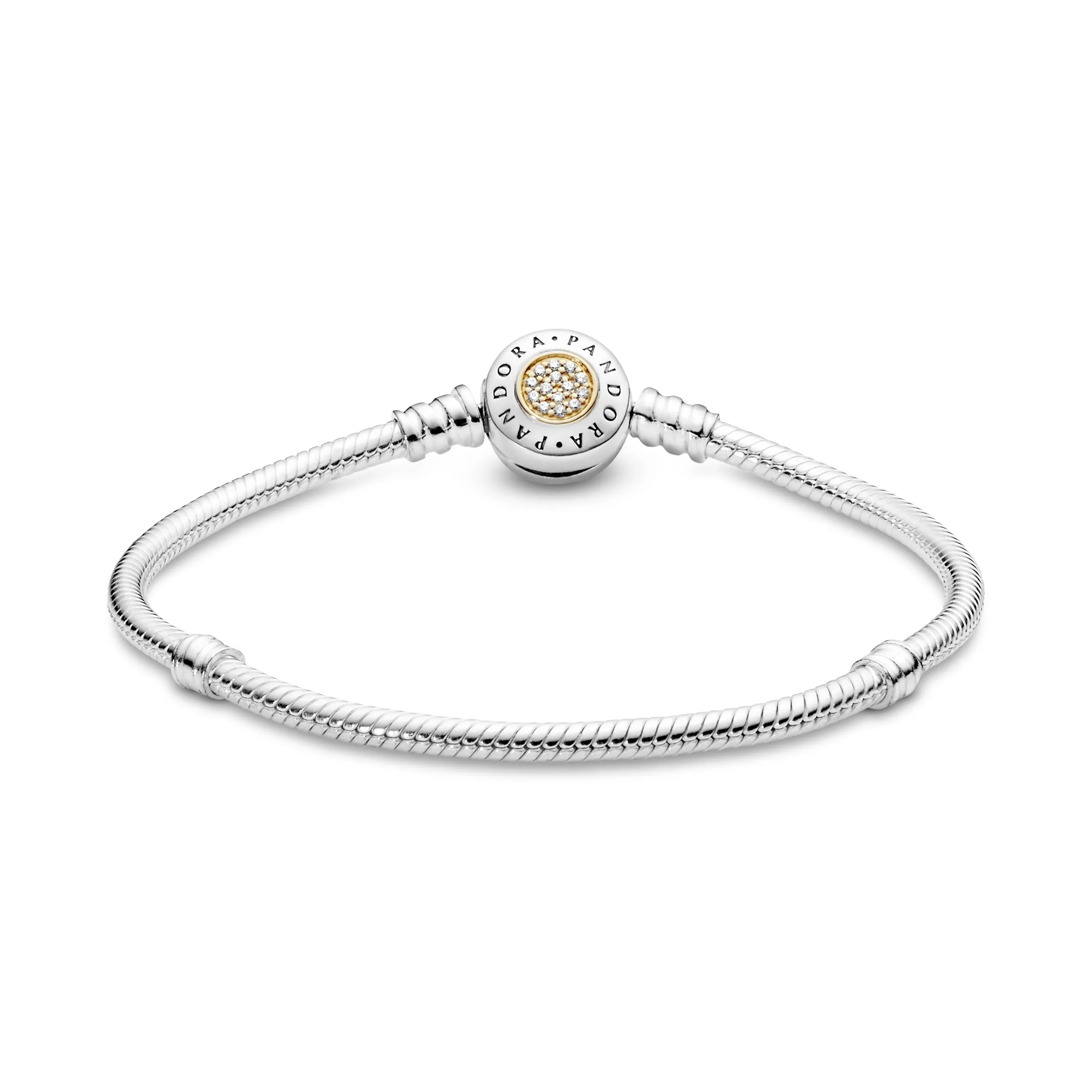 PANDORA logo silver bracelet with 14k and clear cubic zirconia
