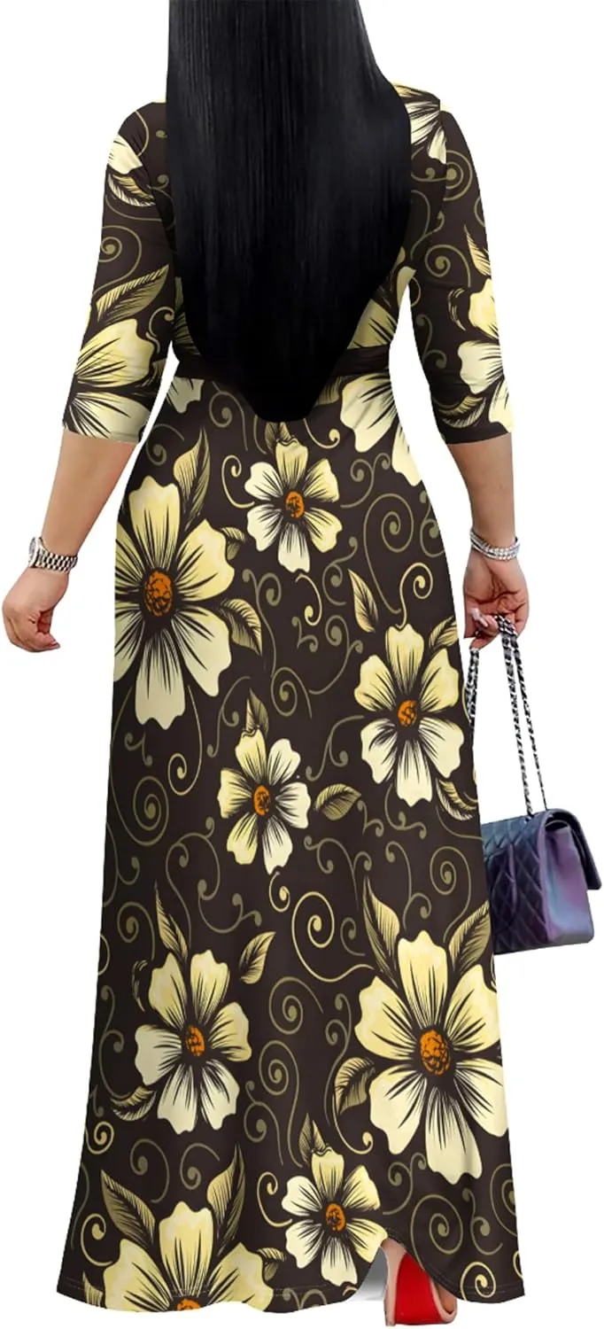 PinkPatty Women's Plus Size Maxi Dresses 3/4 Sleeves Bohemian Long Dress Printed Swing Dress with Belt
