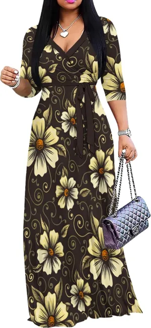 PinkPatty Women's Plus Size Maxi Dresses 3/4 Sleeves Bohemian Long Dress Printed Swing Dress with Belt