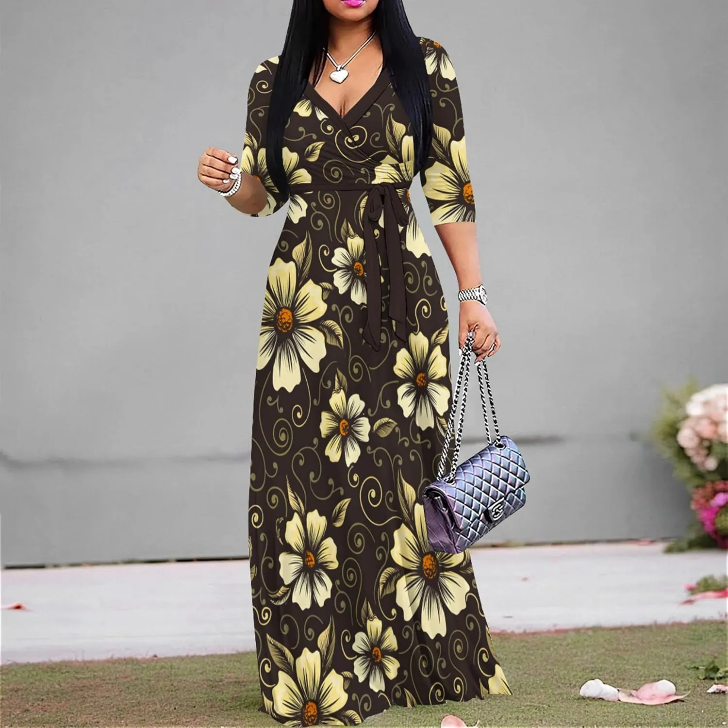 PinkPatty Women's Plus Size Maxi Dresses 3/4 Sleeves Bohemian Long Dress Printed Swing Dress with Belt