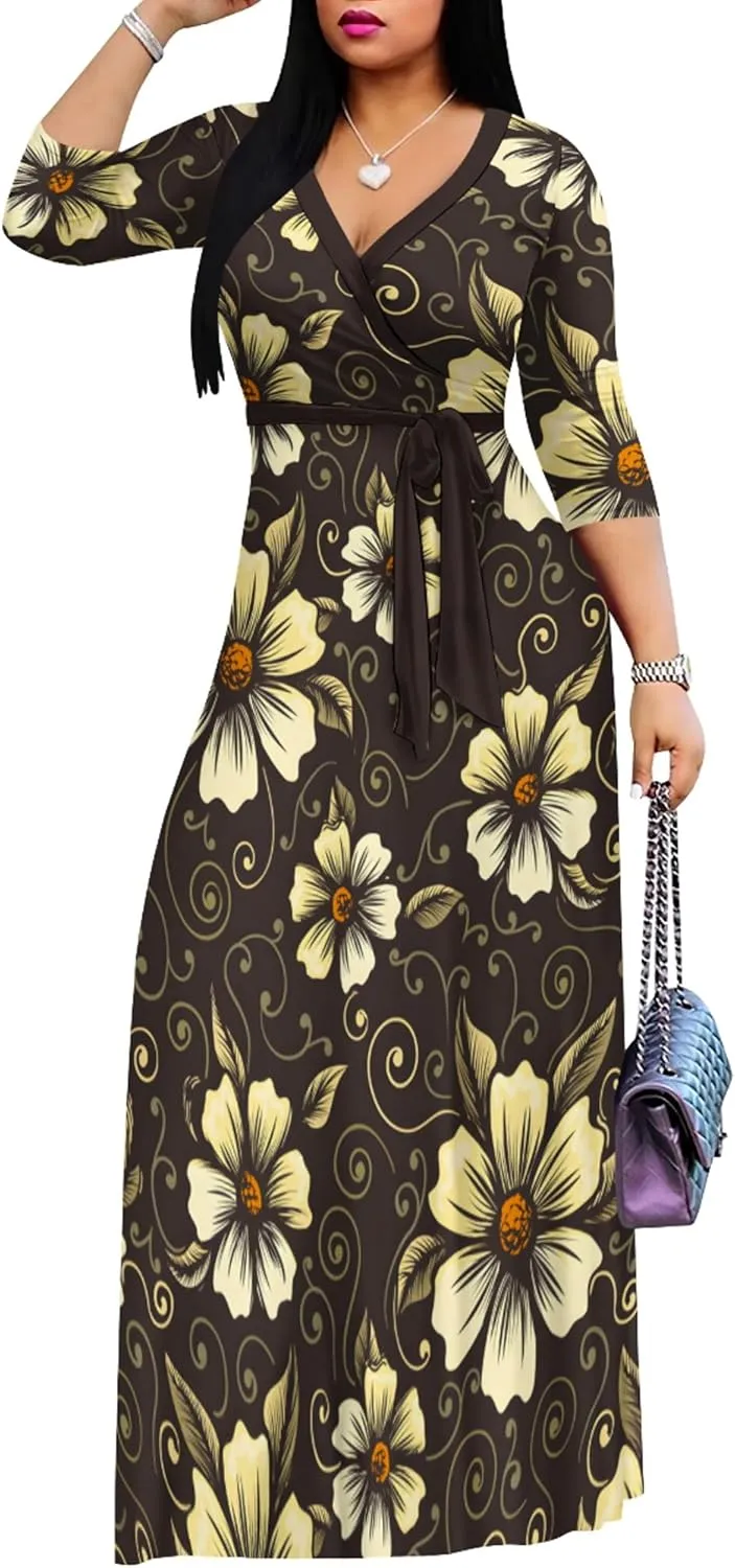 PinkPatty Women's Plus Size Maxi Dresses 3/4 Sleeves Bohemian Long Dress Printed Swing Dress with Belt