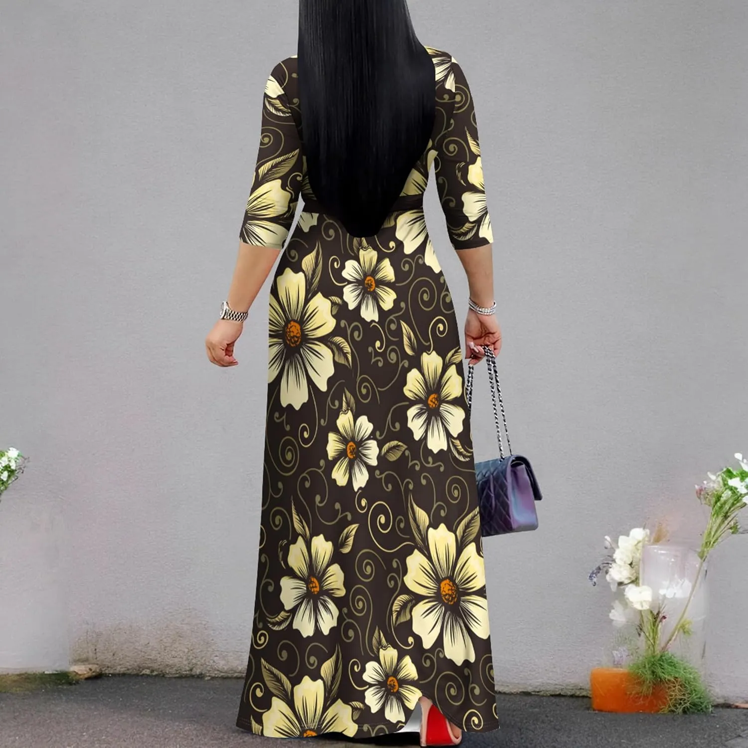 PinkPatty Women's Plus Size Maxi Dresses 3/4 Sleeves Bohemian Long Dress Printed Swing Dress with Belt