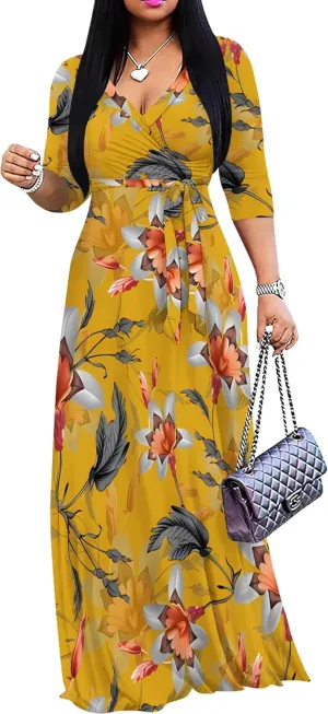 PinkPatty Women's Plus Size Maxi Dresses 3/4 Sleeves Bohemian Long Dress Printed Swing Dress with Belt