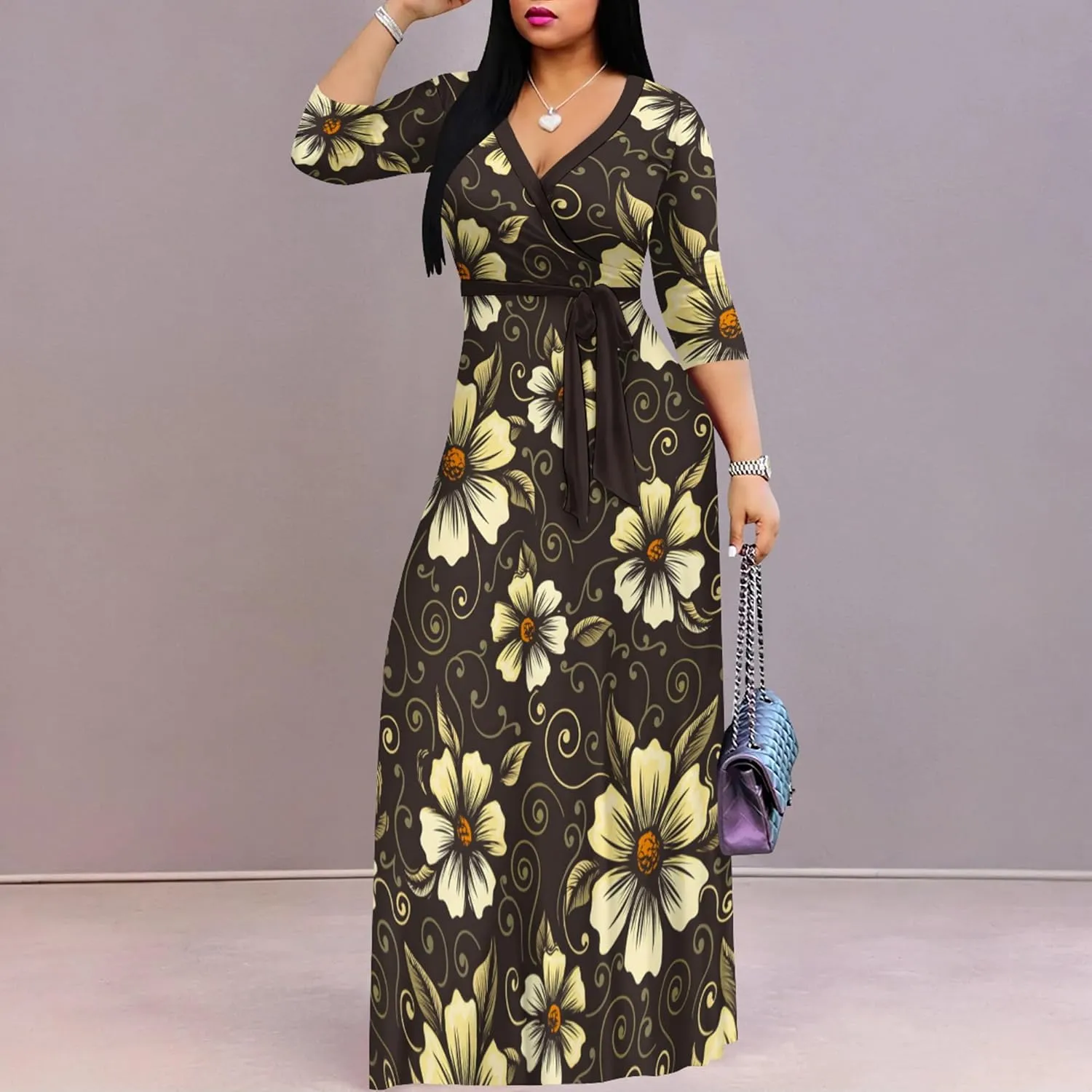 PinkPatty Women's Plus Size Maxi Dresses 3/4 Sleeves Bohemian Long Dress Printed Swing Dress with Belt