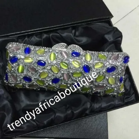 Quality evening hand clutch. Crystal Clutch/purse.  All over dazzling crystal stones. Silver/ multi color crystal stones