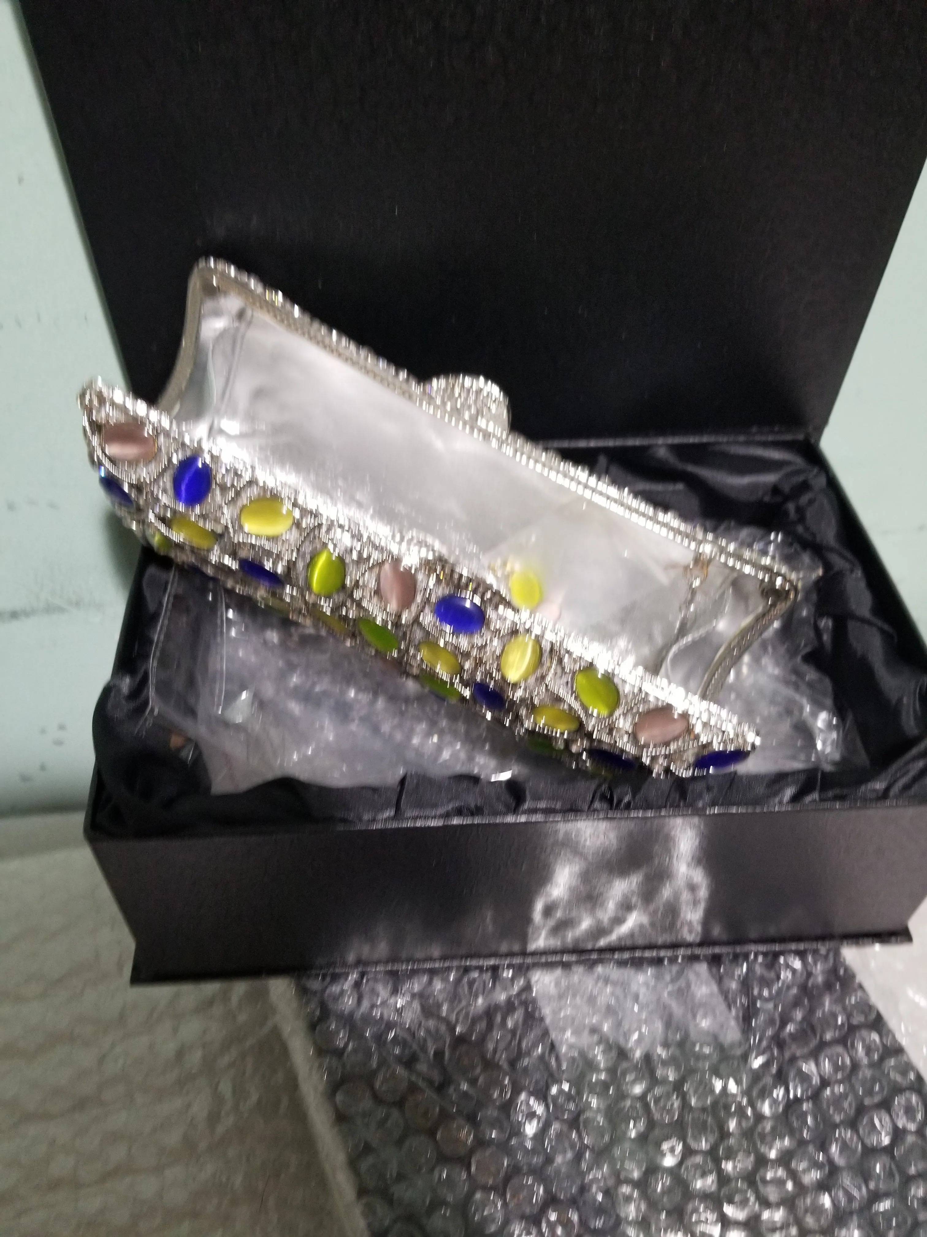 Quality evening hand clutch. Crystal Clutch/purse.  All over dazzling crystal stones. Silver/ multi color crystal stones