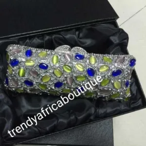 Quality evening hand clutch. Crystal Clutch/purse.  All over dazzling crystal stones. Silver/ multi color crystal stones