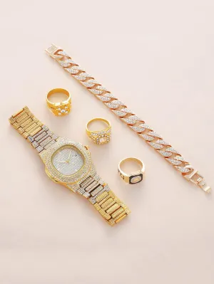 Rhinestone Decor Quartz Watch & 4pcs Jewelry Set