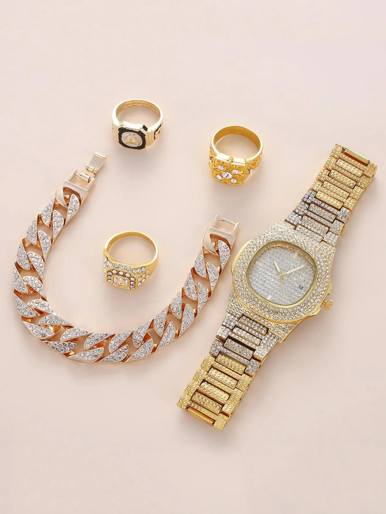 Rhinestone Decor Quartz Watch & 4pcs Jewelry Set