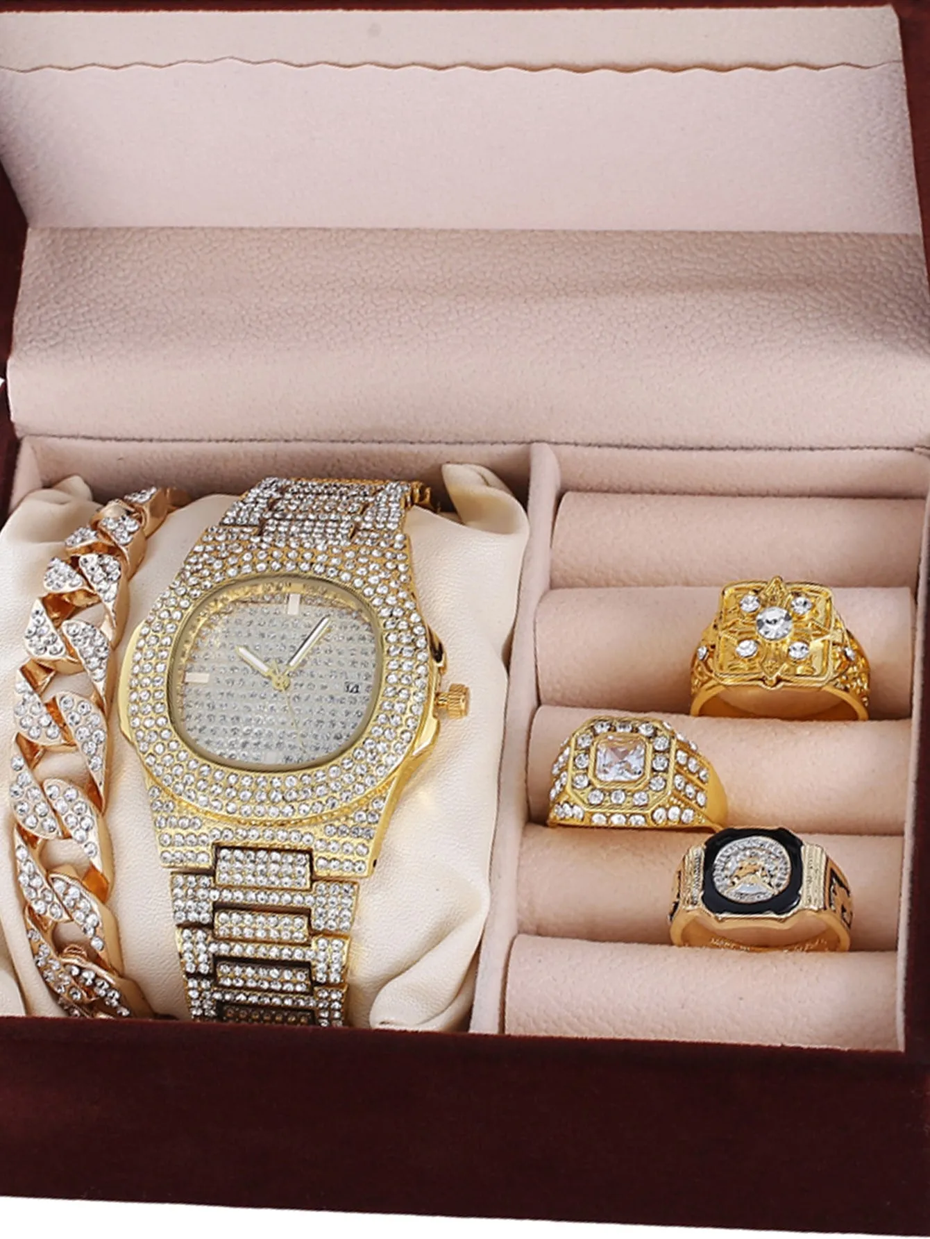 Rhinestone Decor Quartz Watch & 4pcs Jewelry Set