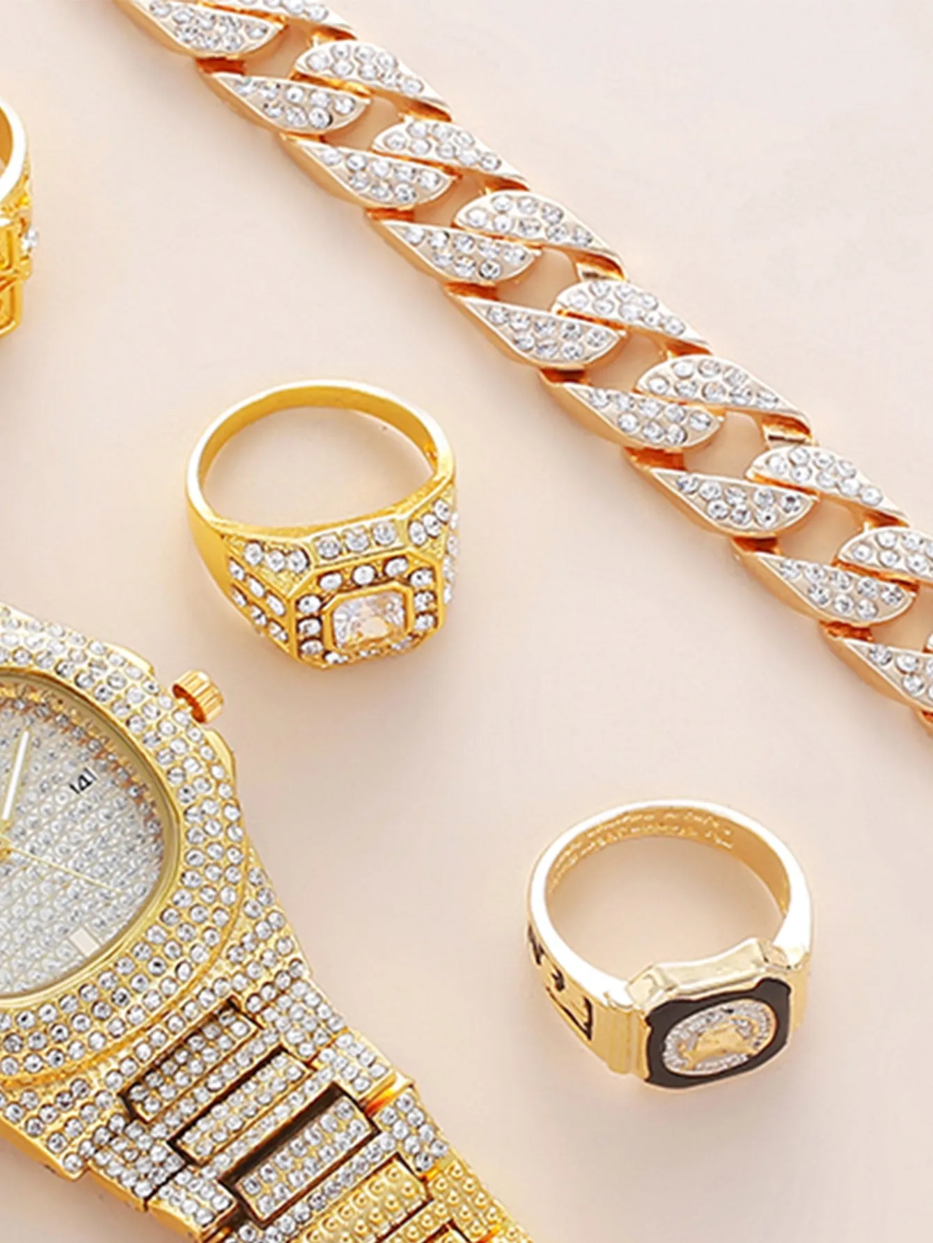 Rhinestone Decor Quartz Watch & 4pcs Jewelry Set