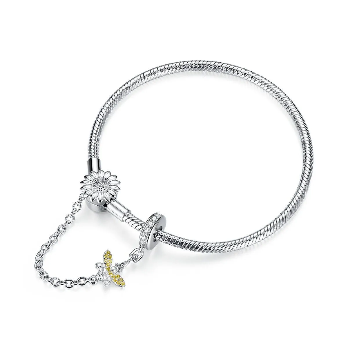 S925 Silver Sun flower & Bee Snake Chain Bracelet