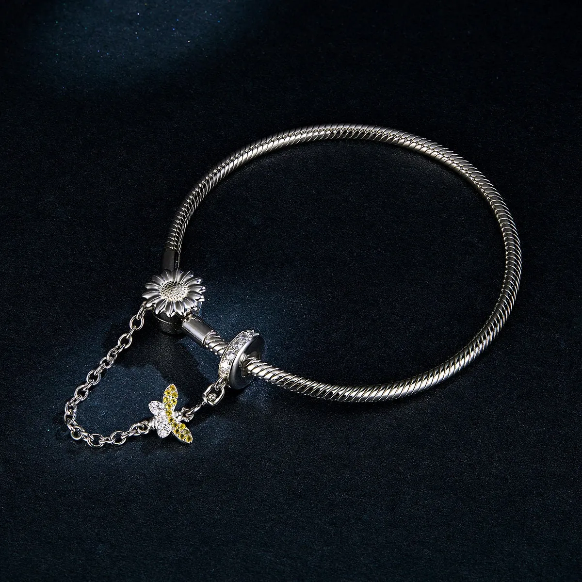 S925 Silver Sun flower & Bee Snake Chain Bracelet