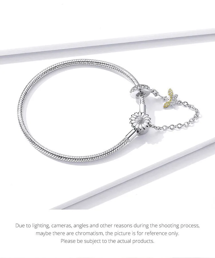 S925 Silver Sun flower & Bee Snake Chain Bracelet