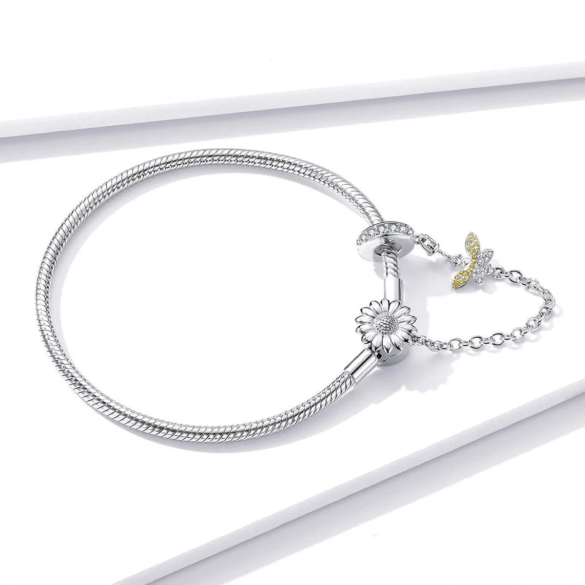 S925 Silver Sun flower & Bee Snake Chain Bracelet