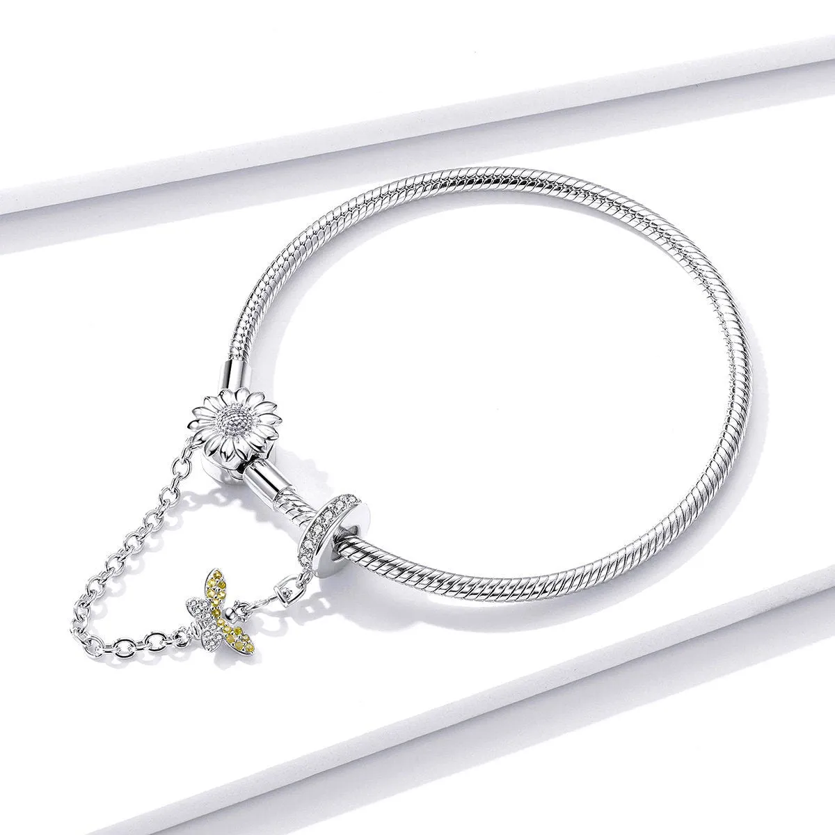 S925 Silver Sun flower & Bee Snake Chain Bracelet