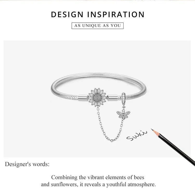 S925 Silver Sun flower & Bee Snake Chain Bracelet