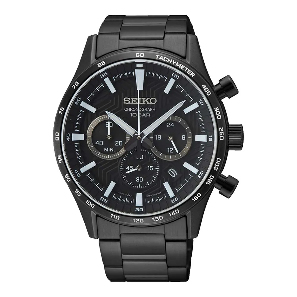 Seiko Men's Black Dial Stainless Steel Band Chronograph Quartz Watch - SSB415