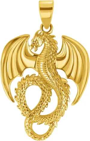Solid 14k Yellow Gold 3D Serpent Dragon with Wings Pendant