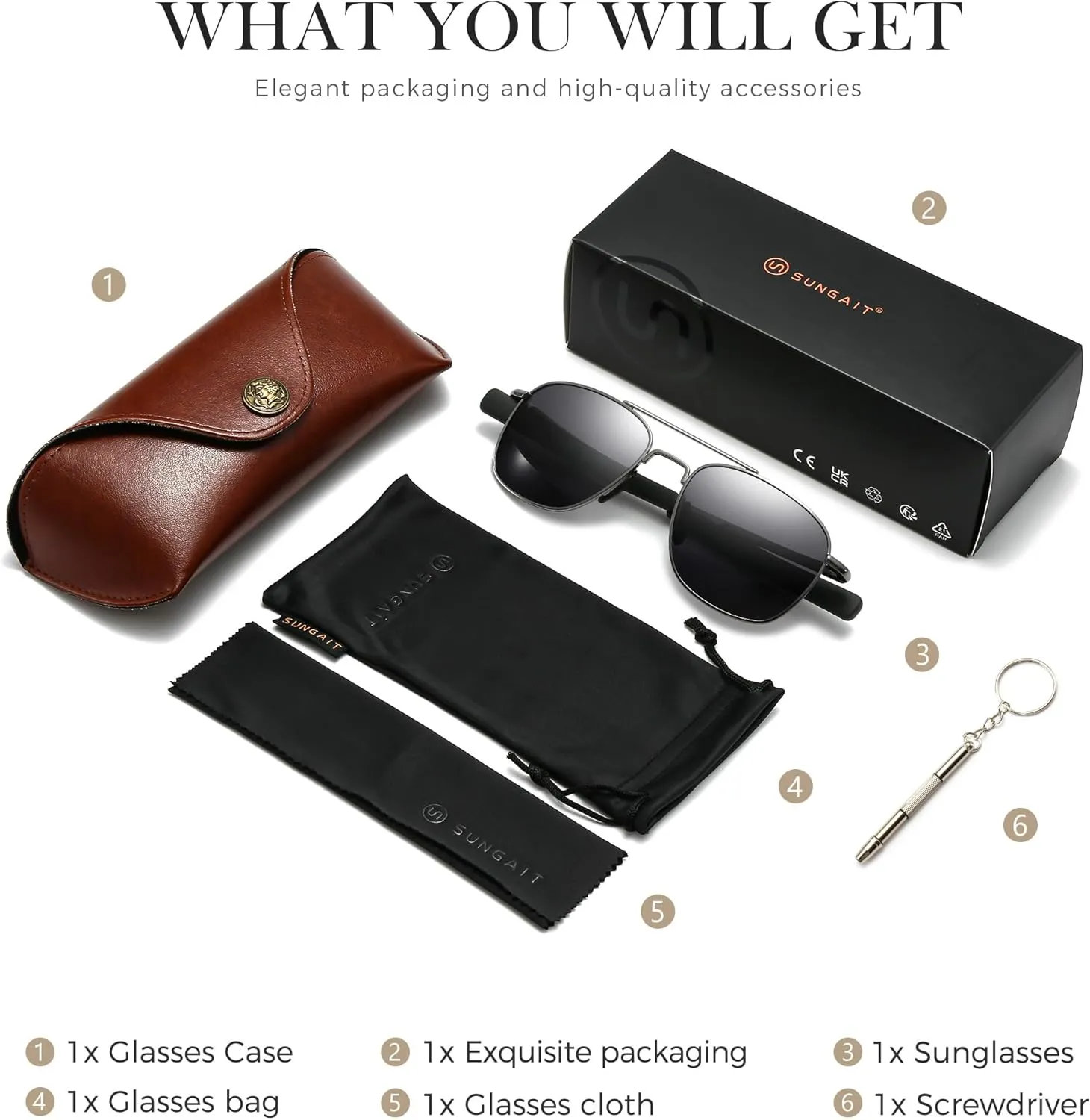 SUNGAIT Men's Military Style Polarized Pilot Aviator Sunglasses Bayonet Temples