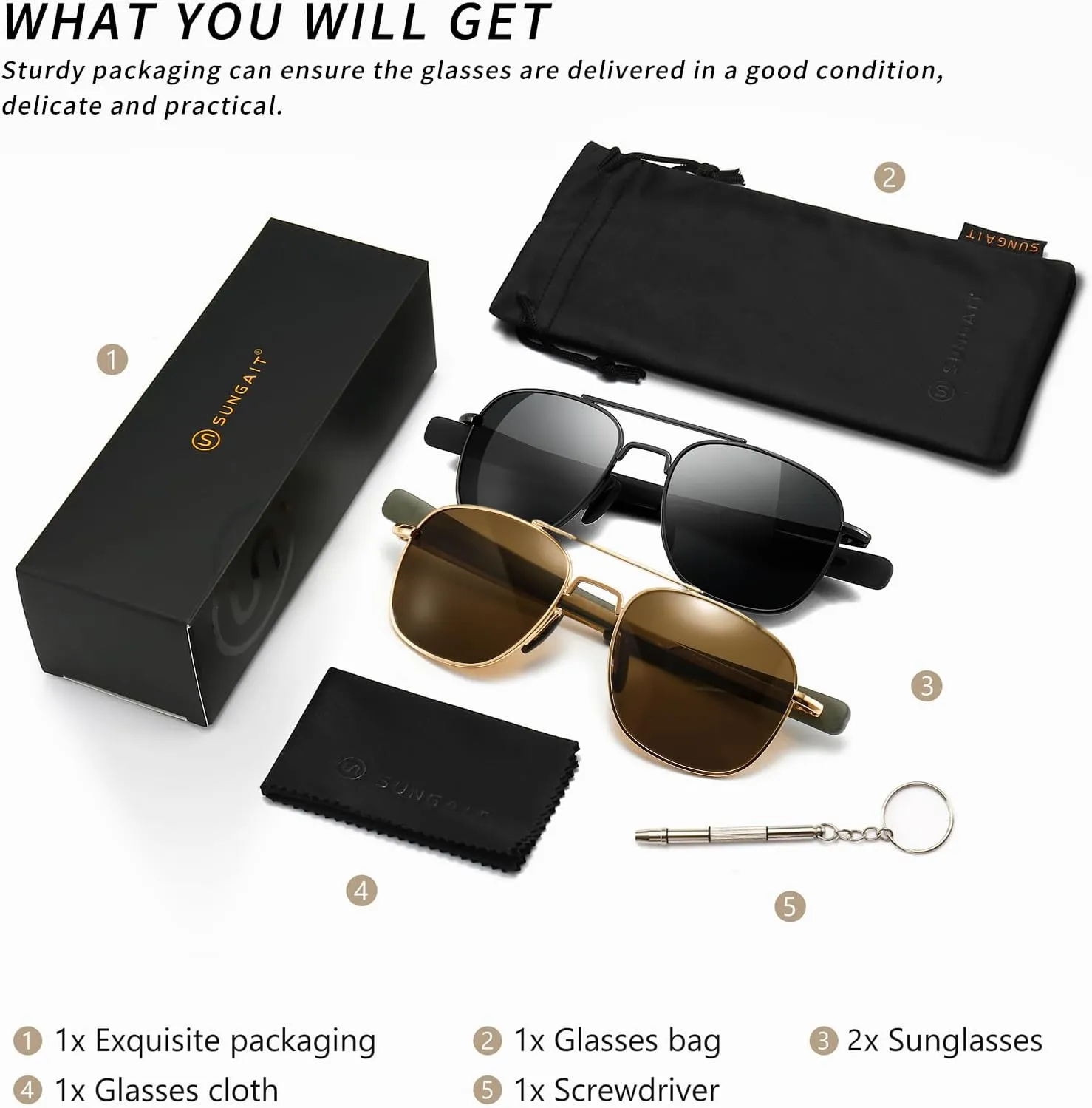 SUNGAIT Men's Military Style Polarized Pilot Aviator Sunglasses Bayonet Temples