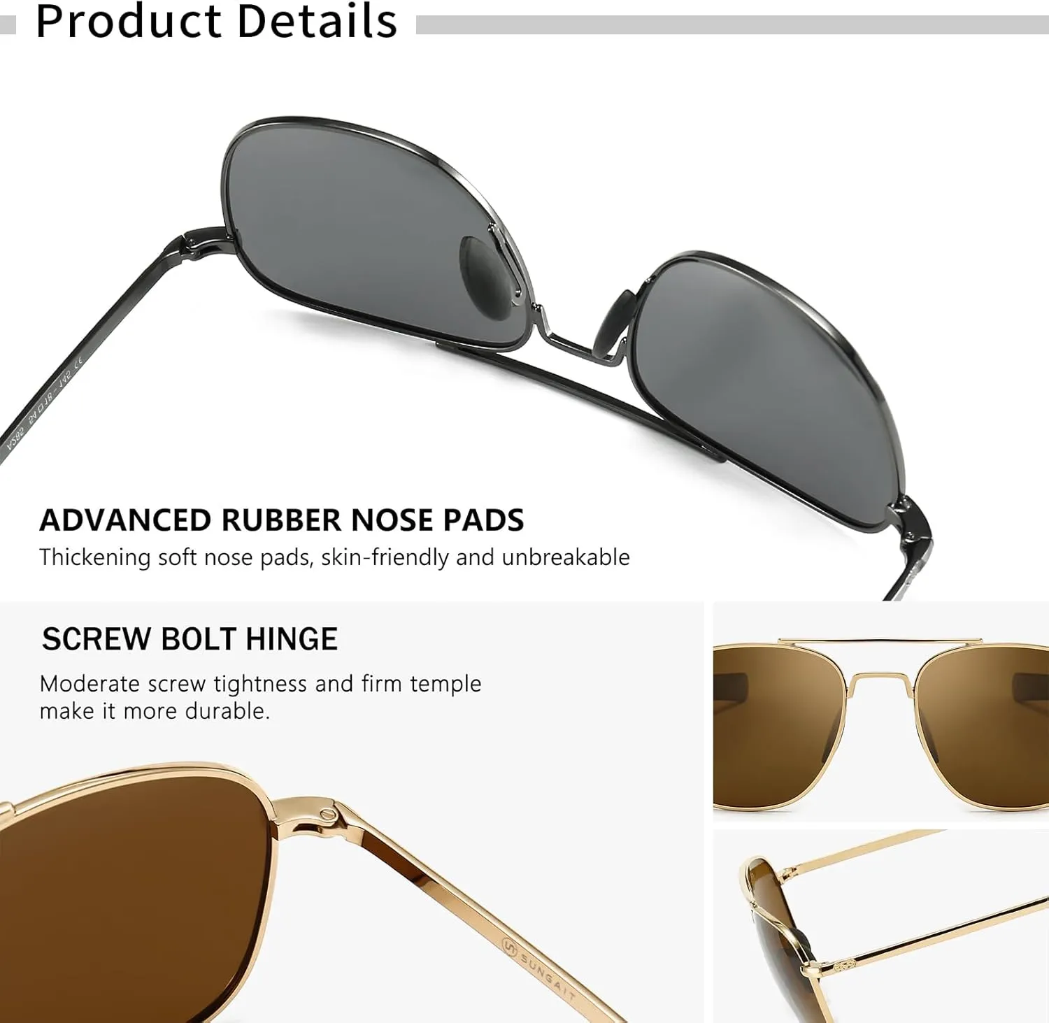 SUNGAIT Men's Military Style Polarized Pilot Aviator Sunglasses Bayonet Temples