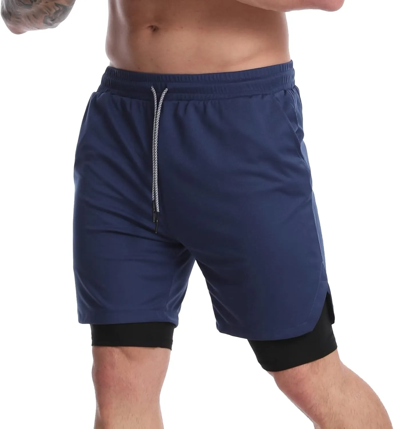 Suwangi Men's 2 in 1 Workout Running Shorts 7" Lightweight Quick-Dry Short Gym Athletic Training Yoga Short with Phone Pocket