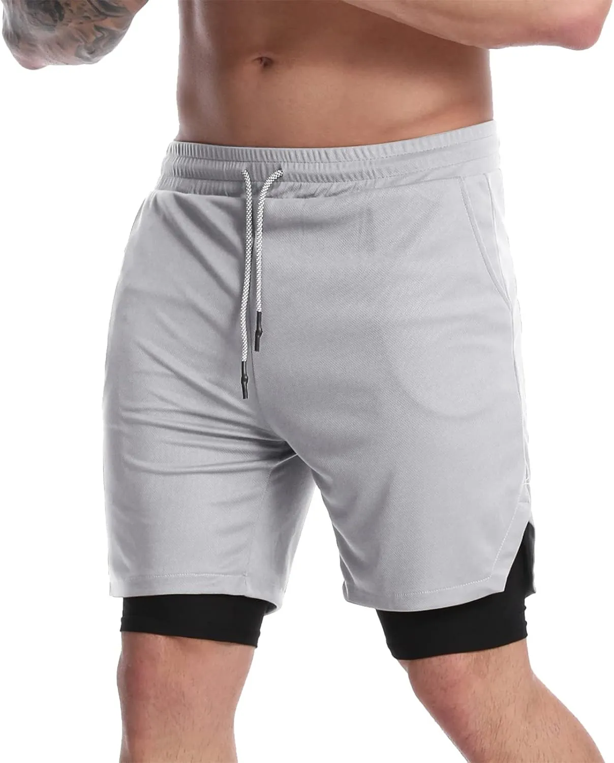 Suwangi Men's 2 in 1 Workout Running Shorts 7" Lightweight Quick-Dry Short Gym Athletic Training Yoga Short with Phone Pocket