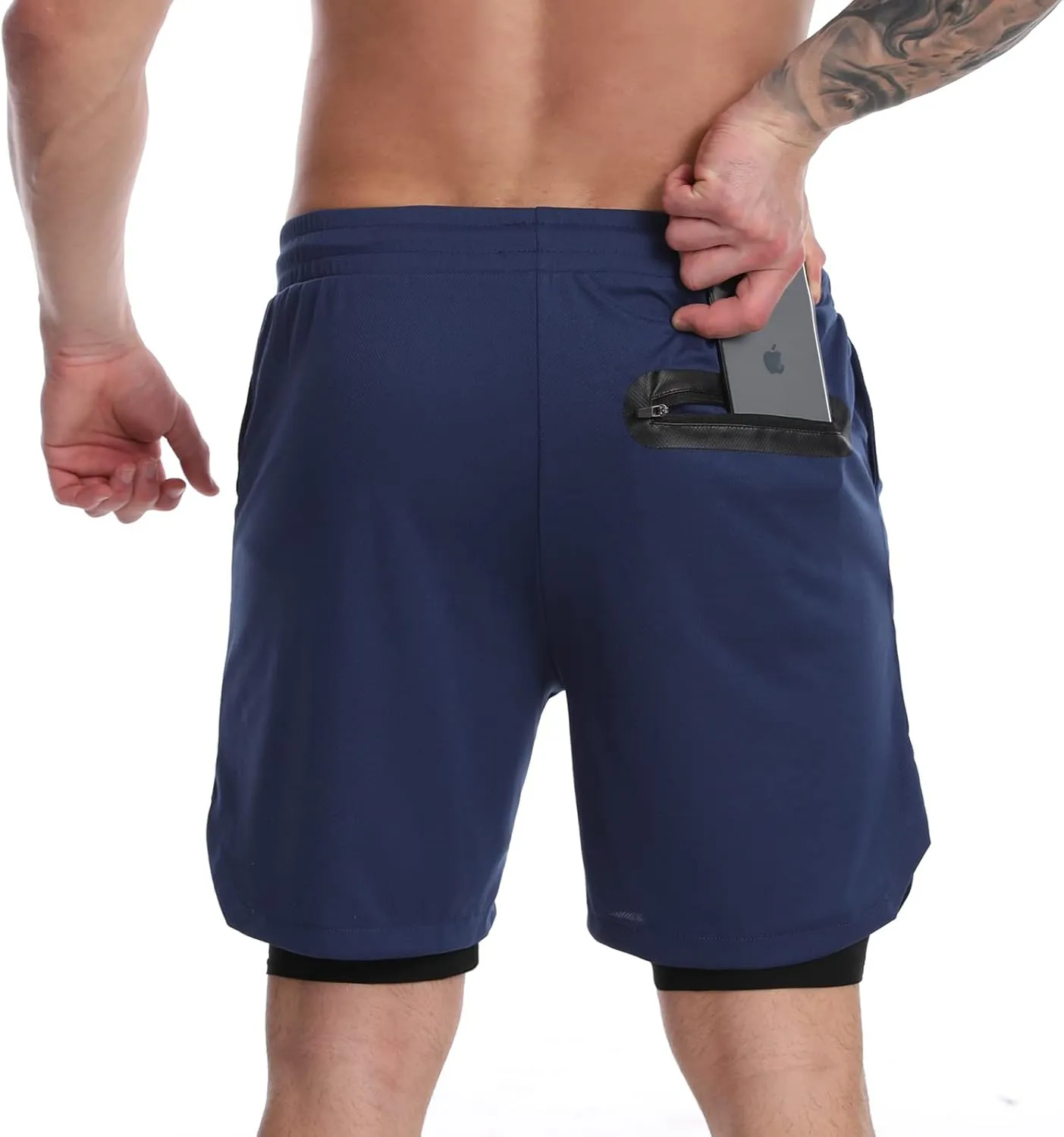 Suwangi Men's 2 in 1 Workout Running Shorts 7" Lightweight Quick-Dry Short Gym Athletic Training Yoga Short with Phone Pocket