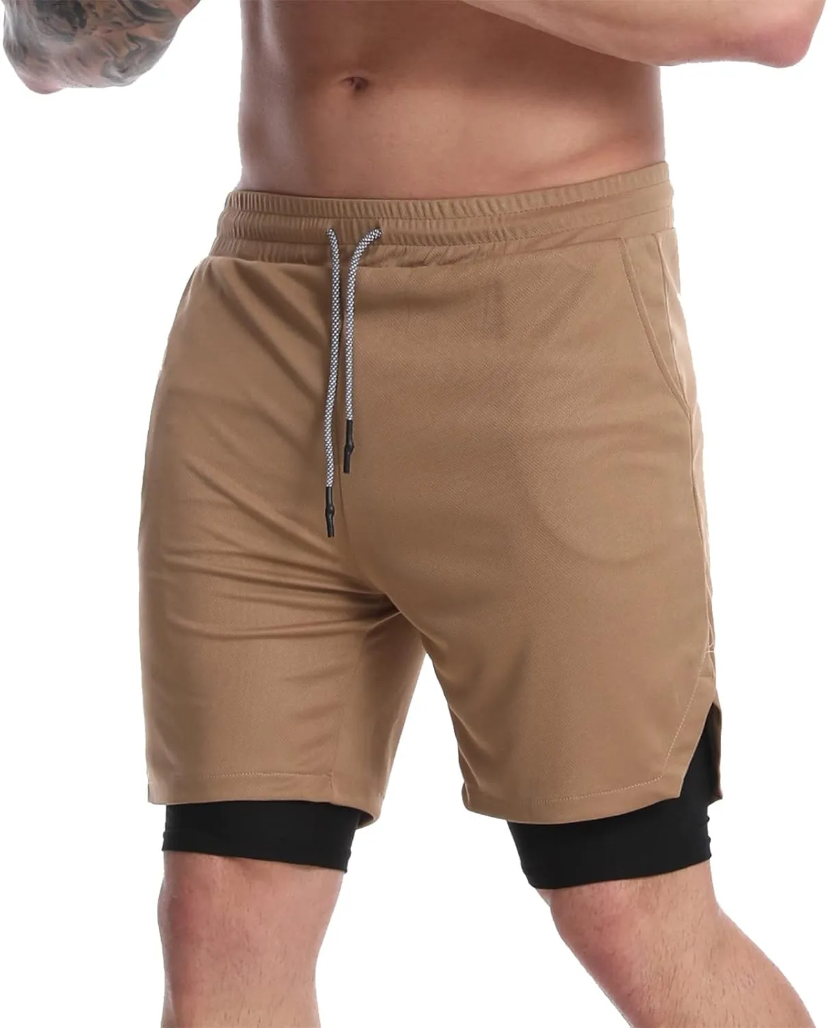 Suwangi Men's 2 in 1 Workout Running Shorts 7" Lightweight Quick-Dry Short Gym Athletic Training Yoga Short with Phone Pocket