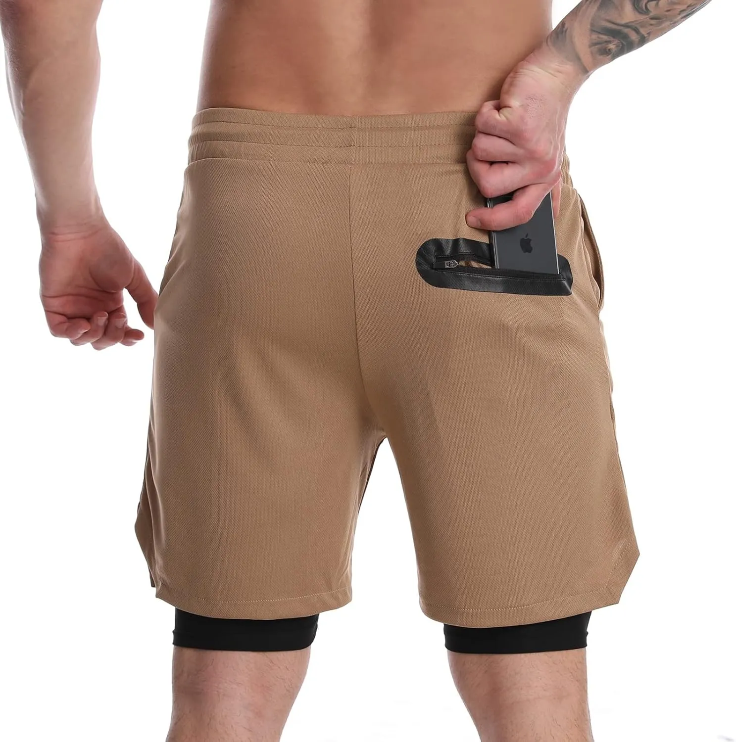 Suwangi Men's 2 in 1 Workout Running Shorts 7" Lightweight Quick-Dry Short Gym Athletic Training Yoga Short with Phone Pocket