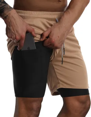 Suwangi Men's 2 in 1 Workout Running Shorts 7" Lightweight Quick-Dry Short Gym Athletic Training Yoga Short with Phone Pocket