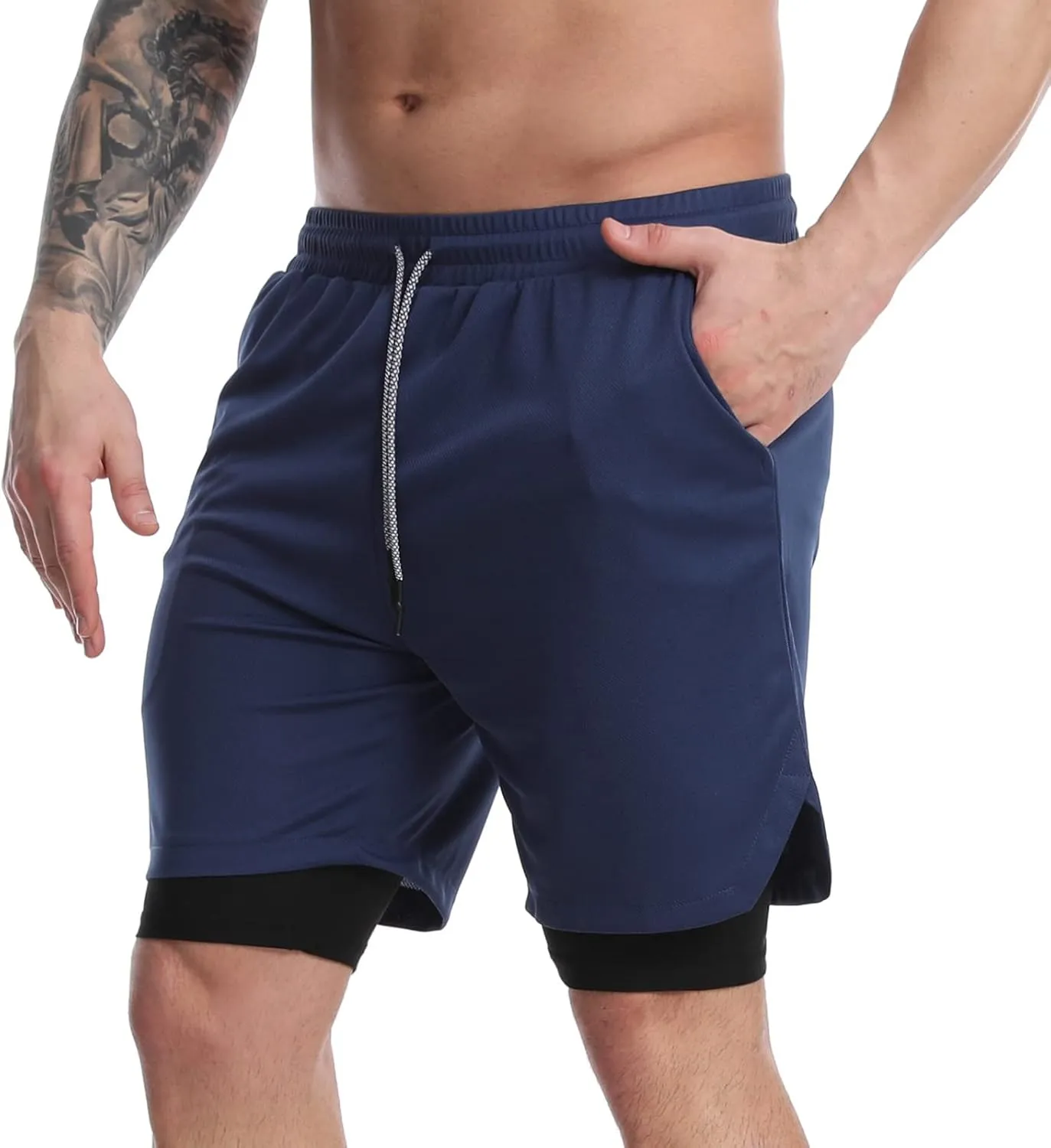 Suwangi Men's 2 in 1 Workout Running Shorts 7" Lightweight Quick-Dry Short Gym Athletic Training Yoga Short with Phone Pocket