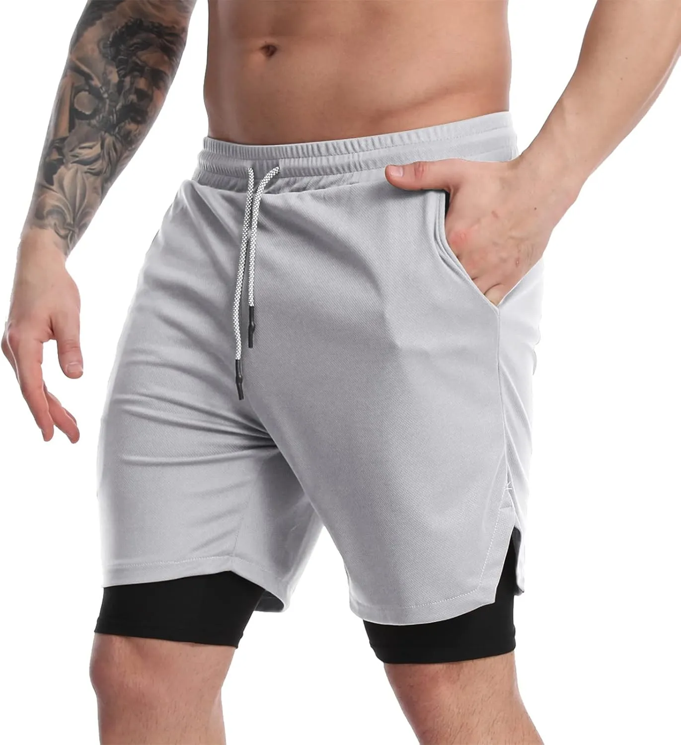 Suwangi Men's 2 in 1 Workout Running Shorts 7" Lightweight Quick-Dry Short Gym Athletic Training Yoga Short with Phone Pocket