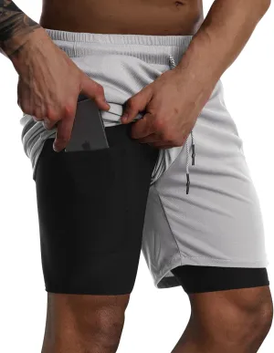 Suwangi Men's 2 in 1 Workout Running Shorts 7" Lightweight Quick-Dry Short Gym Athletic Training Yoga Short with Phone Pocket