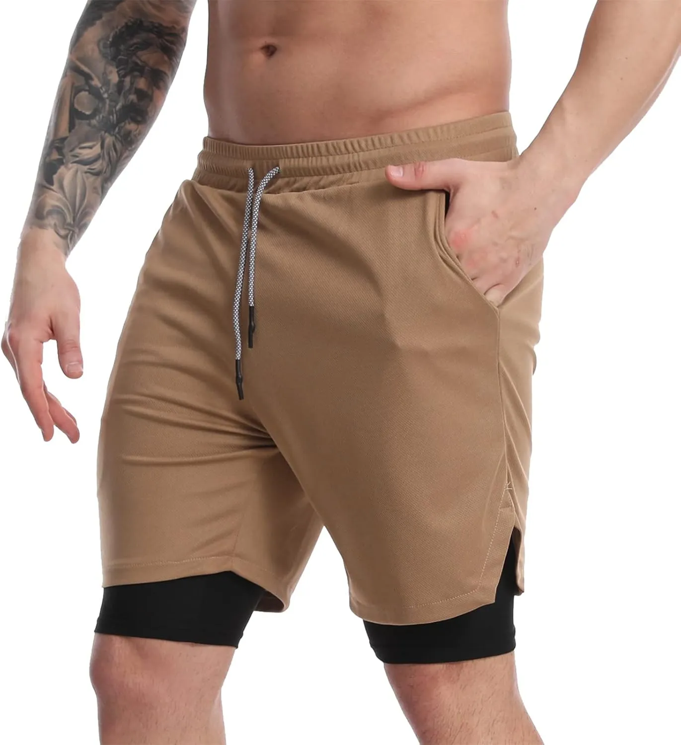 Suwangi Men's 2 in 1 Workout Running Shorts 7" Lightweight Quick-Dry Short Gym Athletic Training Yoga Short with Phone Pocket